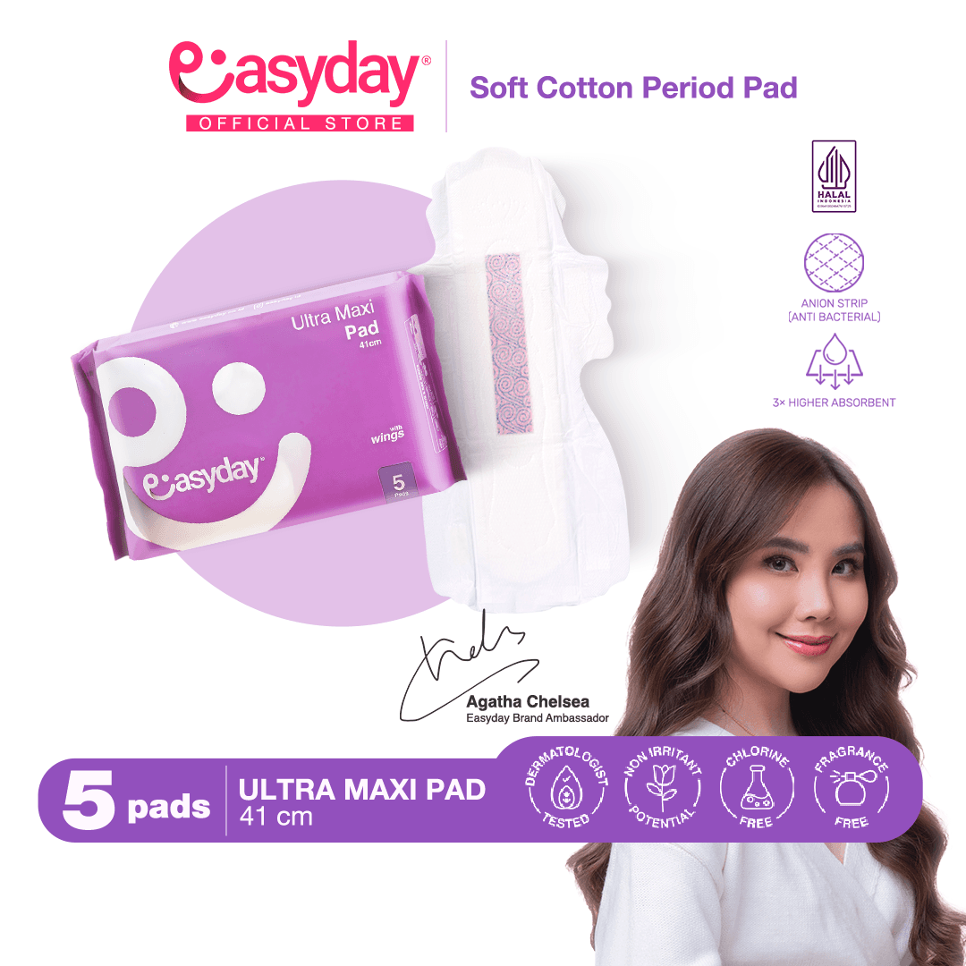 Easyday Ultra Maxi Pad 5 Pcs 41 cm | Pembalut Wanita Ultra Maxi | Premium Cotton and Anion Strip Anti Iritasi & Bau